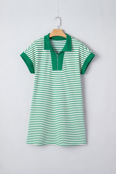 Women's Green Striped Quarter-Zip Polo Midi Dress with Pockets