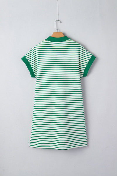 Women's Green Striped Quarter-Zip Polo Midi Dress with Pockets