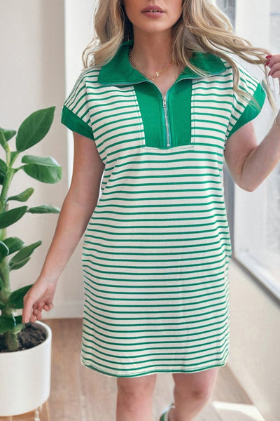 Women's Green Striped Quarter-Zip Polo Midi Dress with Pockets