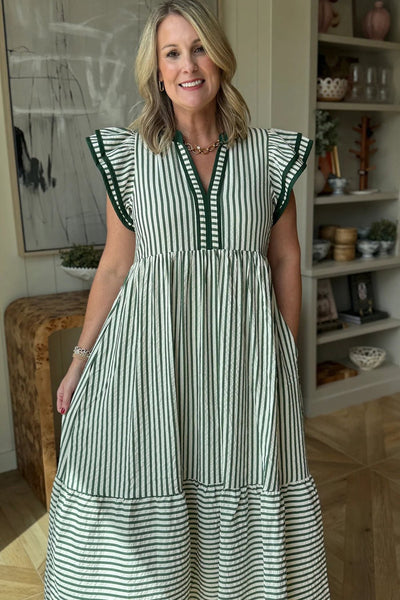 Women's Green Striped V-Neck Midi Dress with Ruffle Sleeves