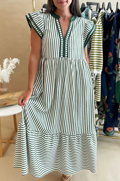 Women's Green Striped V-Neck Midi Dress with Ruffle Sleeves