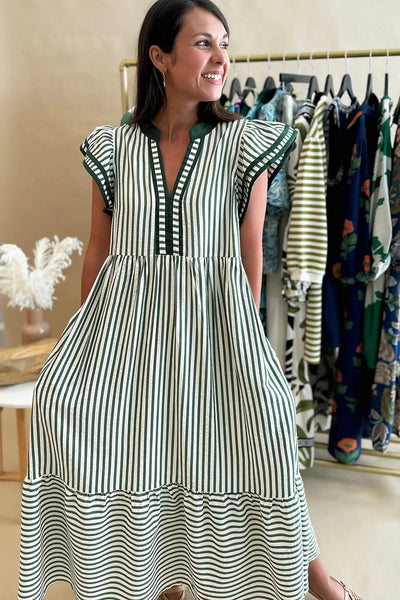 Women's Green Striped V-Neck Midi Dress with Ruffle Sleeves