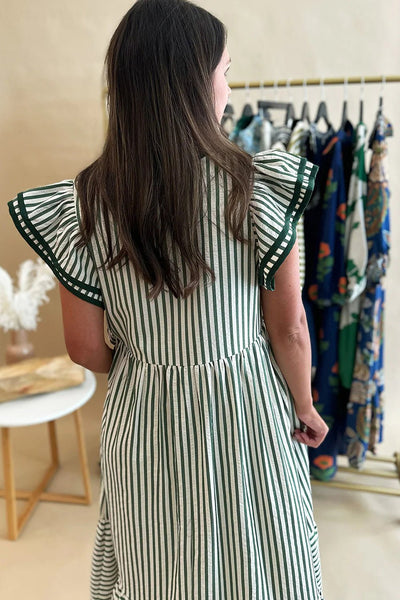 Women's Green Striped V-Neck Midi Dress with Ruffle Sleeves