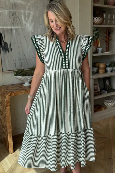 Women's Green Striped V-Neck Midi Dress with Ruffle Sleeves