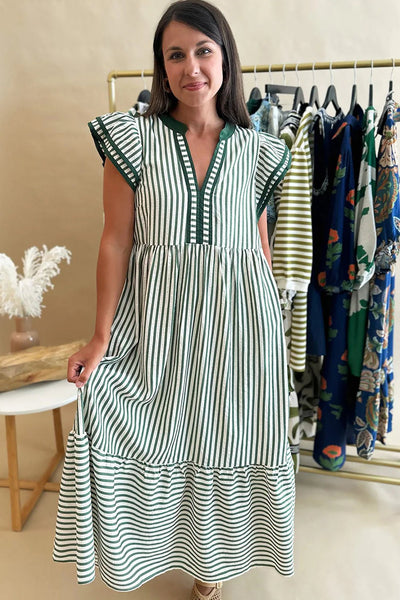 Women's Green Striped V-Neck Midi Dress with Ruffle Sleeves