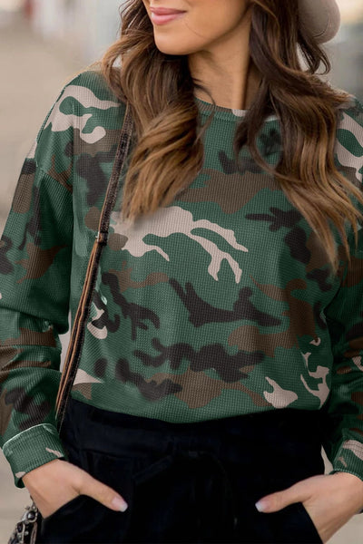 Women's Green Waffle-Knit Camouflage Drop Shoulder Top