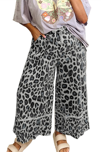 Women's Grey Leopard Print Wide-Leg Cropped Culottes