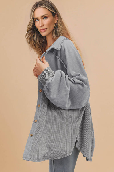 Women's Grey Mixed-Texture Waffle Knit Shacket with Exposed Seams