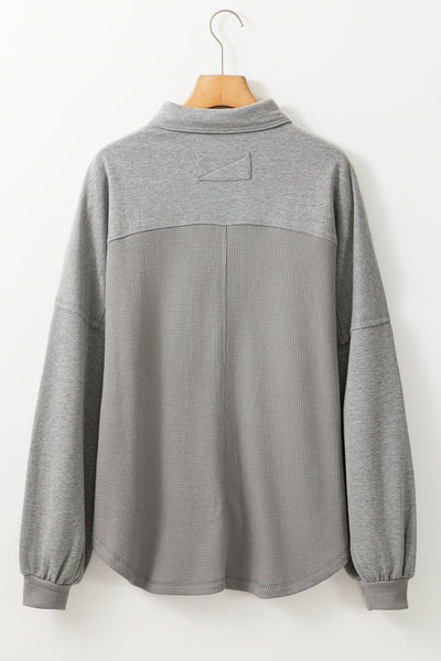 Women's Grey Mixed-Texture Waffle Knit Shacket with Exposed Seams