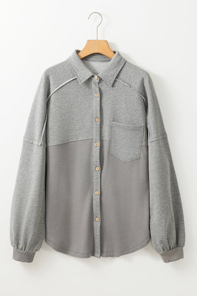 Women's Grey Mixed-Texture Waffle Knit Shacket with Exposed Seams