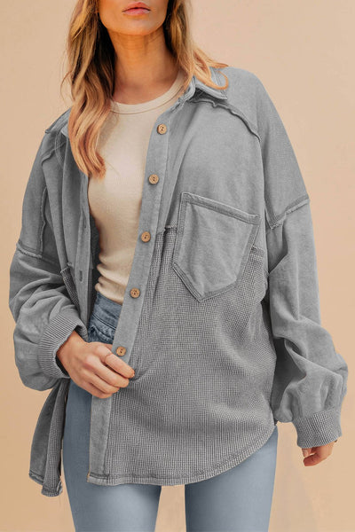 Women's Grey Mixed-Texture Waffle Knit Shacket with Exposed Seams