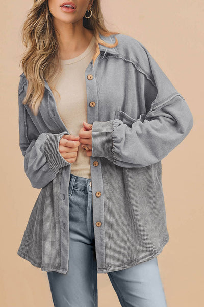 Women's Grey Mixed-Texture Waffle Knit Shacket with Exposed Seams