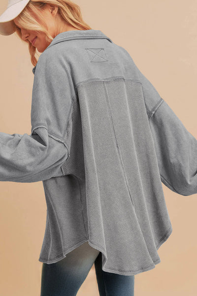 Women's Grey Mixed-Texture Waffle Knit Shacket with Exposed Seams