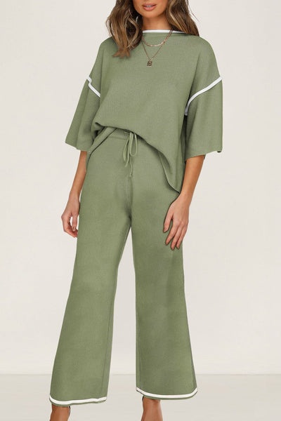 Women's Guacamole Green Knit Wide-Leg Two-Piece Lounge Set