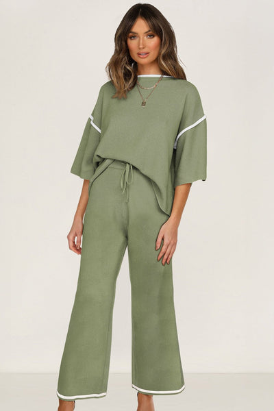 Women's Guacamole Green Knit Wide-Leg Two-Piece Lounge Set