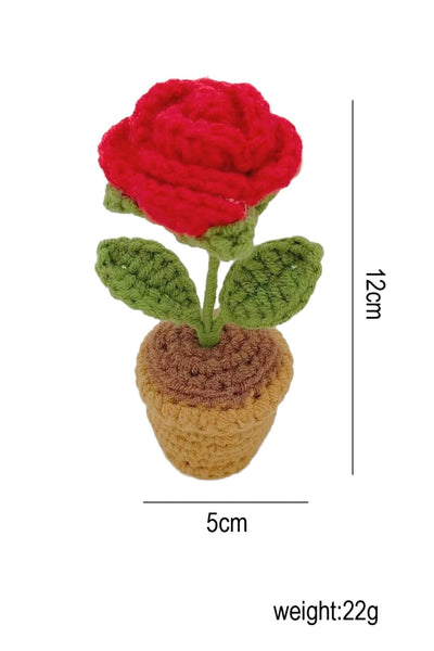 Women's Hand-Crocheted Ruby Red Rose Potted Plant Home Decor