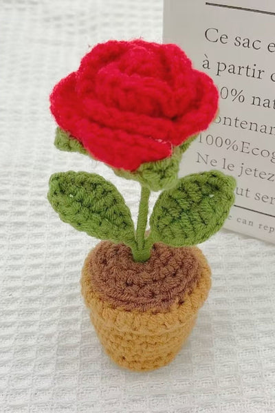 Women's Hand-Crocheted Ruby Red Rose Potted Plant Home Decor