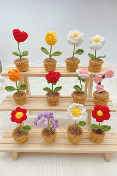 Women's Hand-Crocheted Ruby Red Rose Potted Plant Home Decor
