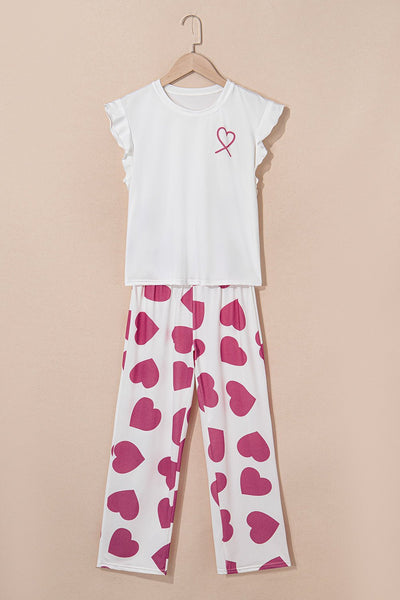 Women's Heart Print Wide-Leg Lounge Set with Ruffled Tank
