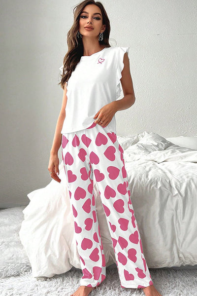 Women's Heart Print Wide-Leg Lounge Set with Ruffled Tank