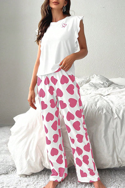 Women's Heart Print Wide-Leg Lounge Set with Ruffled Tank
