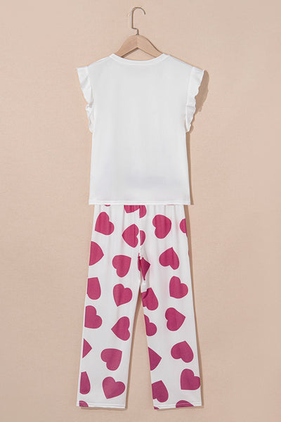 Women's Heart Print Wide-Leg Lounge Set with Ruffled Tank
