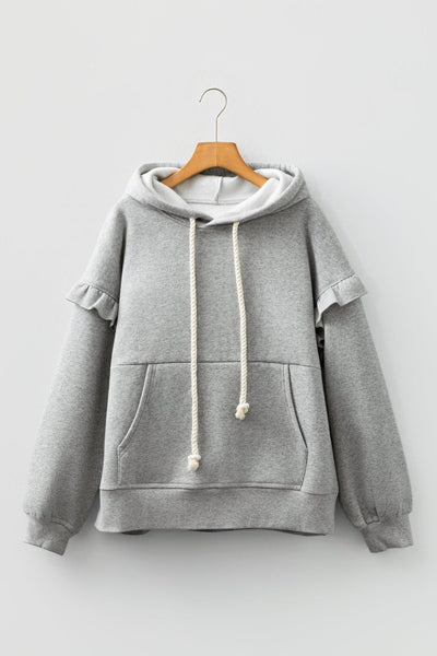 Women's Heather Gray Ruffle Shoulder Hoodie Sweatshirt