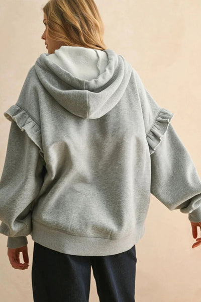 Women's Heather Gray Ruffle Shoulder Hoodie Sweatshirt