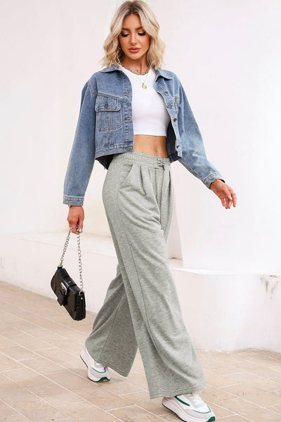 Women's Heather Gray Wide-Leg Cotton Blend Drawstring Sweatpants