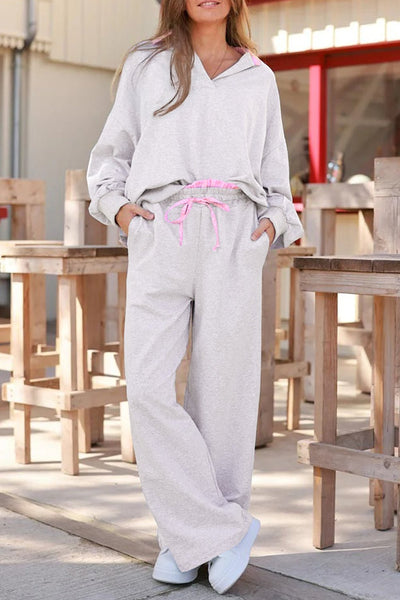 Women's Heather Grey Cotton-Blend Lounge Set with Contrast Trim