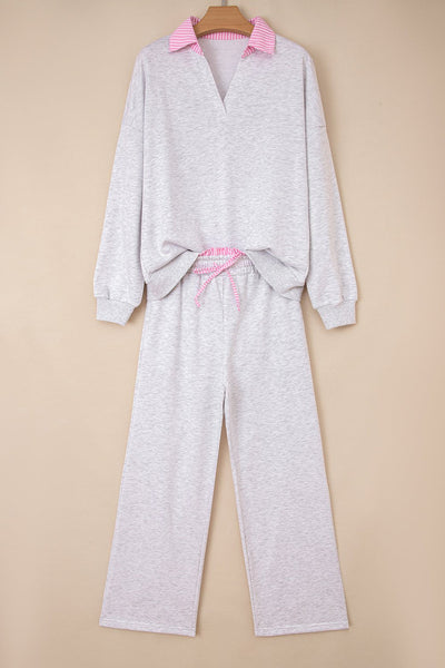 Women's Heather Grey Cotton-Blend Lounge Set with Contrast Trim