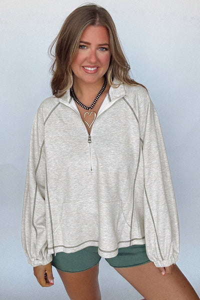 Women's Heathered Grey Half-Zip Pullover with Exposed Seam Detail