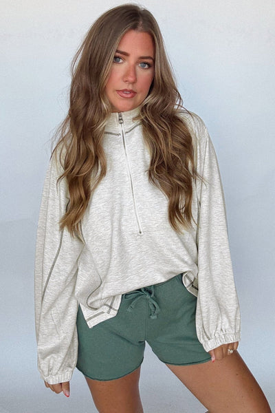 Women's Heathered Grey Half-Zip Pullover with Exposed Seam Detail