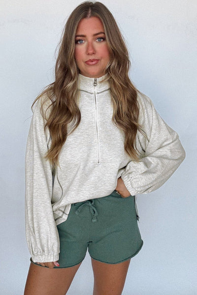 Women's Heathered Grey Half-Zip Pullover with Exposed Seam Detail