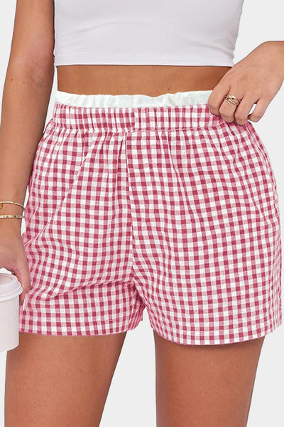 Women's High-Rise Cotton Gingham Shorts with Contrast Waistband