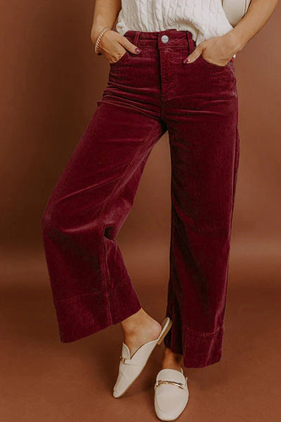 Women's High-Waist Burgundy Corduroy Wide-Leg Trousers