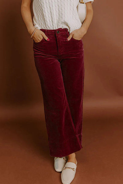 Women's High-Waist Burgundy Corduroy Wide-Leg Trousers
