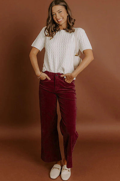 Women's High-Waist Burgundy Corduroy Wide-Leg Trousers
