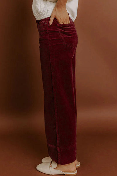 Women's High-Waist Burgundy Corduroy Wide-Leg Trousers