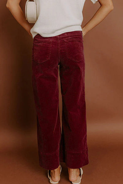 Women's High-Waist Burgundy Corduroy Wide-Leg Trousers