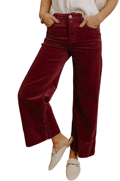 Women's High-Waist Burgundy Corduroy Wide-Leg Trousers