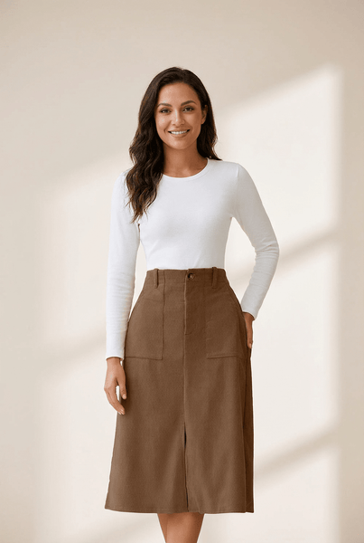 Women's High Waist Coffee Corduroy Midi Skirt with Front Slit