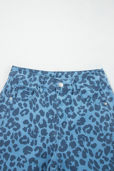 Women's High-Waist Leopard Print Straight Leg Jeans in Sky Blue