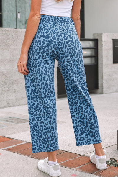 Women's High-Waist Leopard Print Straight Leg Jeans in Sky Blue