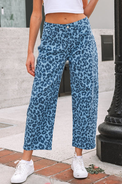 Women's High-Waist Leopard Print Straight Leg Jeans in Sky Blue