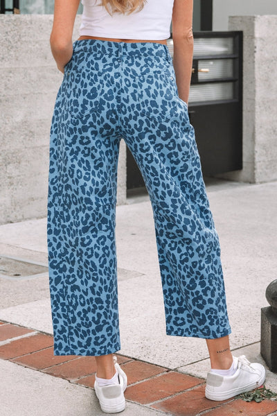 Women's High-Waist Leopard Print Straight Leg Jeans in Sky Blue