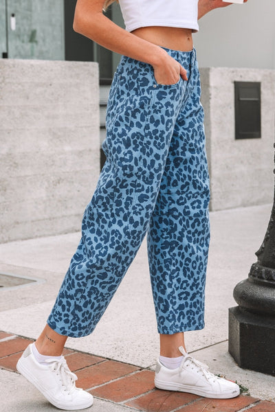 Women's High-Waist Leopard Print Straight Leg Jeans in Sky Blue