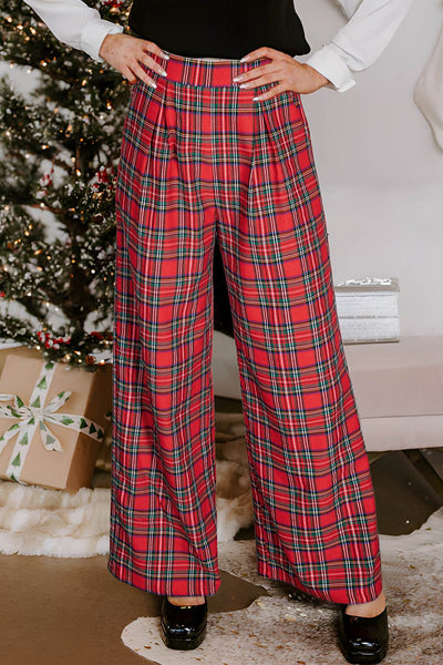 Women's High-Waisted Red Plaid Wide-Leg Trousers with Pockets