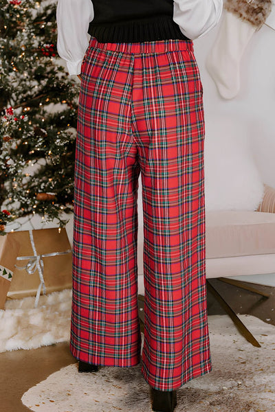 Women's High-Waisted Red Plaid Wide-Leg Trousers with Pockets