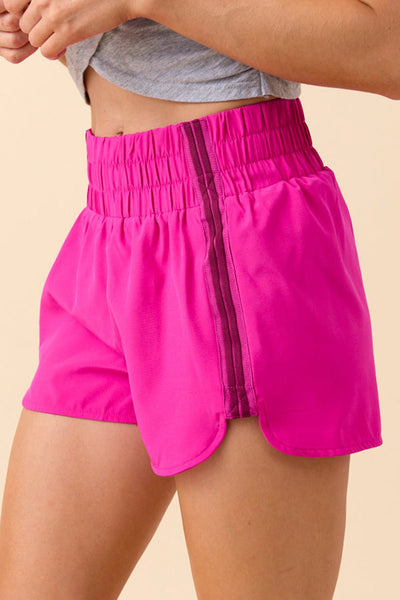 Women's High-Waisted Rose Red Athleisure Shorts with Varsity Stripes